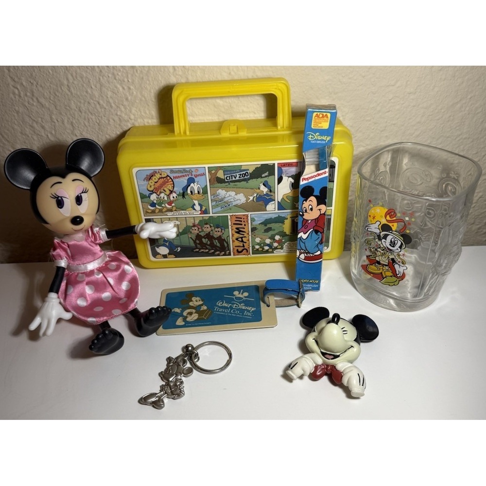 Vintage Disney Lot Minnie Mickey Glass Lunchbox Tag‎ Keychain Magnet Toothbrush